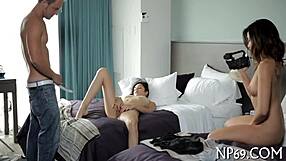 Teens compete in rough spooning contest turning into hardcore fuck game with moans.