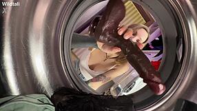 hey check her washing those big tits big pussy lips then riding huge anal toys