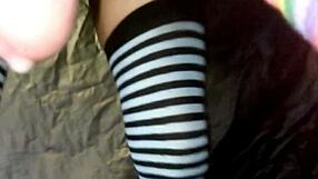 woman straps on dildo pegs guy in panties and squirts hands-free