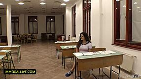 Backstage curvy coed Francesca DiCaprio squirts in rough exam licks