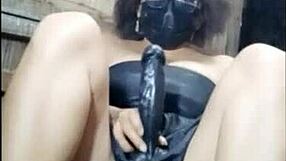 curly haired latina milf masturbates pussy with thick long dildo