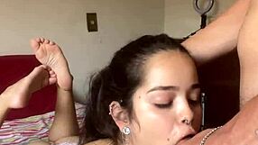 brunette amateur deepthroats wellington prado's big cock sloppy on bed ass up ponytail