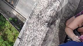 Chubby brunette bends over skirt up for street doggystyle pounding