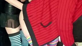 woman straps on dildo pegs guy in panties and squirts hands-free