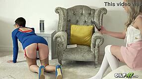 granny and teen gabie scissor with dildos until they both cum hard together