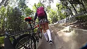 😈 Upskirt shemale in miniskirt flashes monster cock citywide! 🍑