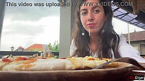 girl walks cafe with cum dripping face eats pizza swallows more in public cumwalk