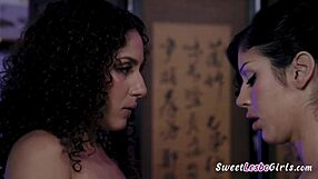 Curly brunette teen masseuse tempts busty client Liv Revamped Queenie Sateen into wet licks