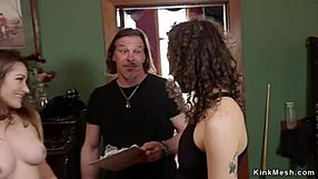 hey babes tied up gagging on one huge cock together