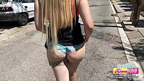 street girl lifts skirt flashes panties and big ass outdoors