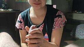 Korean Woman Massages Cock with Hands Lips to Mouth Cum