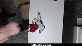 Burglar Lily Jordan caught shoplifting gets blackmailed into deepthroat blowjob doggystyle pounding and massive cum by punishing officer