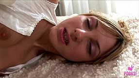 skinny blonde emilia strips in bedroom bends over spreads bubble ass and fingers