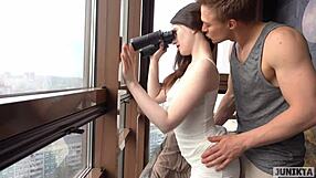 Balcony bareback with muscular guy leads to real creampie moans.