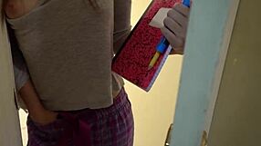 Stepdaughter fingers wet pussy spying on horny stepdad's every move