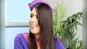 Flight attendants Sunny Lane and Eva Angelina ride Eric Swiss in rough threesome