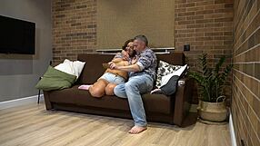 Specific mature brunette stepmom bent over sofa in socks fucked doggystyle hard by handjob giving cougar