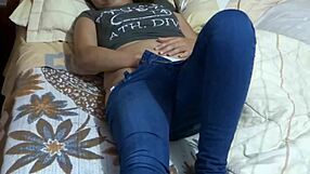 Excited wife yanks down jeans flashing hairy beaver then masturbates wildly before deep fucking