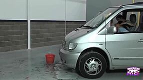 Hey, these two sexy blondes and brunettes suck his cock bent over in the car!