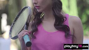 ukrainian teen noemi moon strips naked for outdoor tennis striptease fun