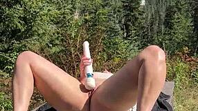 pretty blonde slut masturbates wet tight pussy orgasm on public park bench