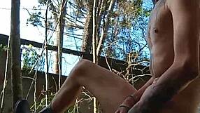 Skinny tattooed fitness babe cums hard in public backyard garden