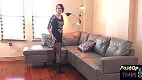 beautiful tattooed short hair ts babe close up masturbates with dildo on her ass