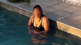 Stepmom Flashes Tits by Pool, We Jerk Off, Cum in Her Hairy Pussy