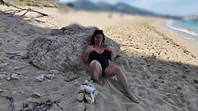 oh god, horny curvy stepmom flashes big tits pussy on public beach