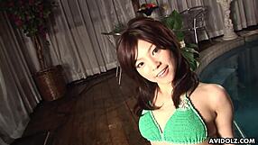 Naughty Kurumi Katase strokes hard cock wildly uncensored Japanese style