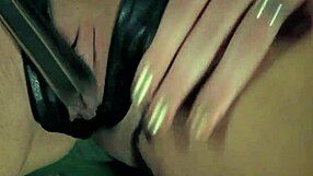 solo eurobabe bound in bdsm straps punishes shaved pussy with huge dildo