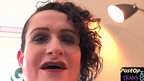 beautiful tattooed short hair ts babe close up masturbates with dildo on her ass