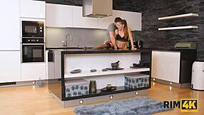 redhead milf seduces handyman with ass licking in kitchen for cash