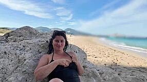oh god, horny curvy stepmom flashes big tits pussy on public beach