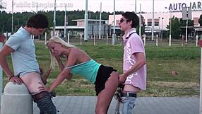 Extreme public gangbang orgy slams cute blonde teen