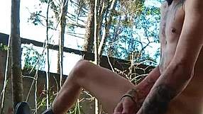 Skinny tattooed fitness babe cums hard in public backyard garden