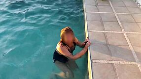 Stepmom Flashes Tits by Pool, We Jerk Off, Cum in Her Hairy Pussy