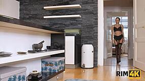 redhead milf seduces handyman with ass licking in kitchen for cash