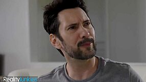 Whoa gorgeous redhead nurse spreads shaved pussy on sofa for patient tongue and cock