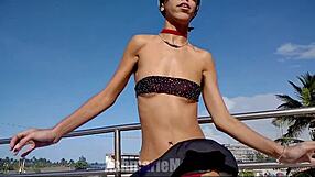 skinny latina bunny dances topless flashing hairy pussy outdoors