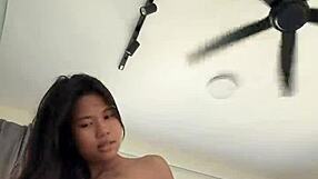 Petite Asian 18+ Bent Over Hotel Bed. Huge Cock Pounds Her Tight Pussy Rough