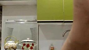 raven-haired petite 18+ solo toys tight shaved pussy in kitchen