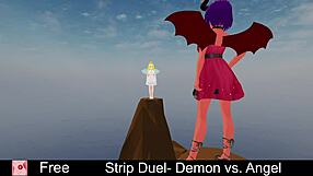 Strip duel demon vs angel who rips clothes first in erotic lesbian game?