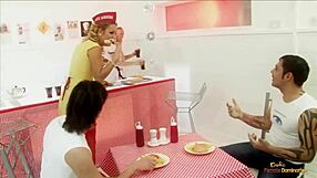 Restaurant Food Fight Erupts into Blonde Milf Group Pussy Pounding