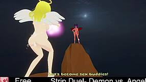 Strip duel demon vs angel who rips clothes first in erotic lesbian game?