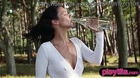 petite german milf undresses fully naked in forest