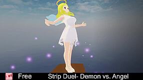 Strip duel demon vs angel who rips clothes first in erotic lesbian game?