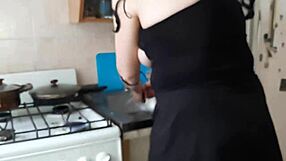 Girlfriend licks my pussy while stepmom cooks - hot kitchen lesbian