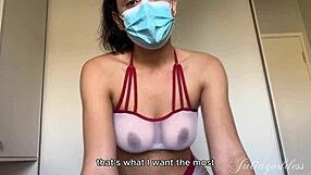 Naughty nurse in mask takes messy titjob blowjob cumshot pov