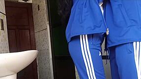 Petite latina schoolgirl caught bent over in bathroom doggy by classmate